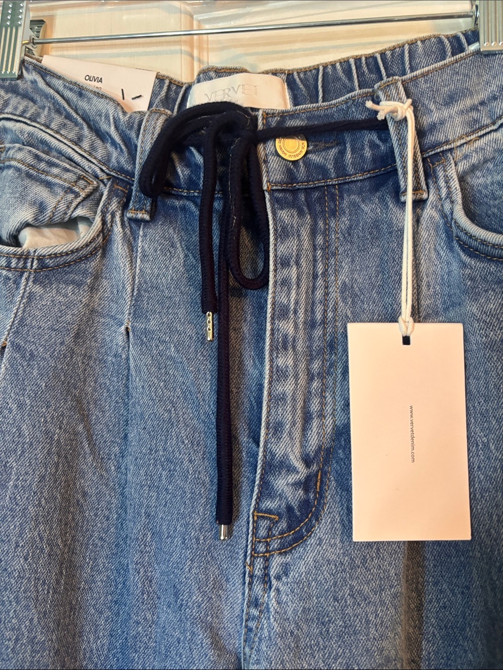 High-Rise Wide Leg Blue Denim Jeans with Drawstring Waist Size 28 - Picture 2 of 8